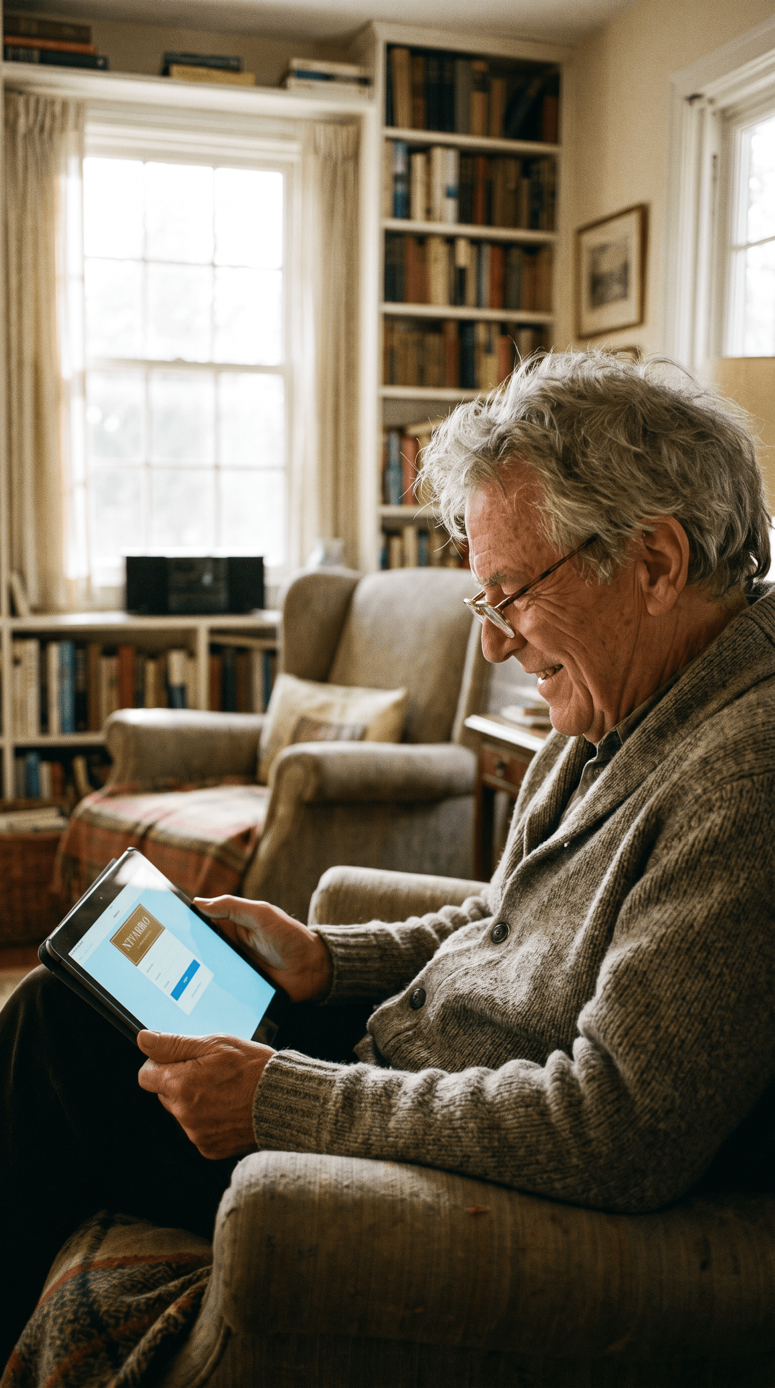 An older alumnus reconnecting with his school on a tablet