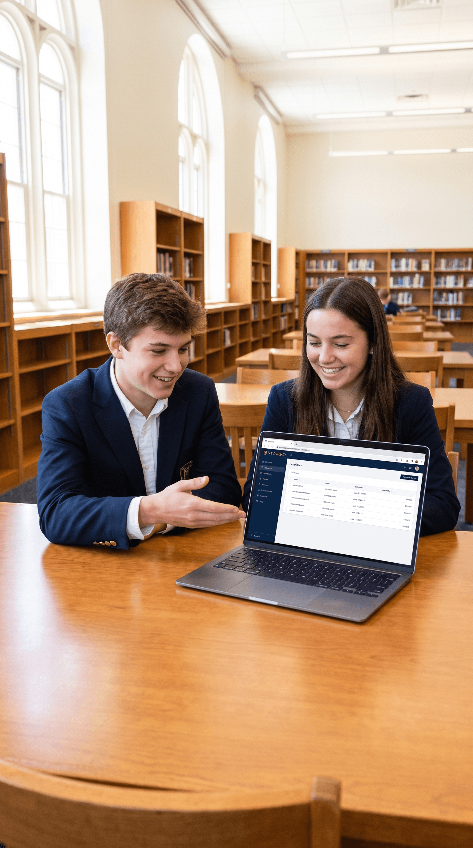 A student and an alum reviewing Nivarro together at a library table